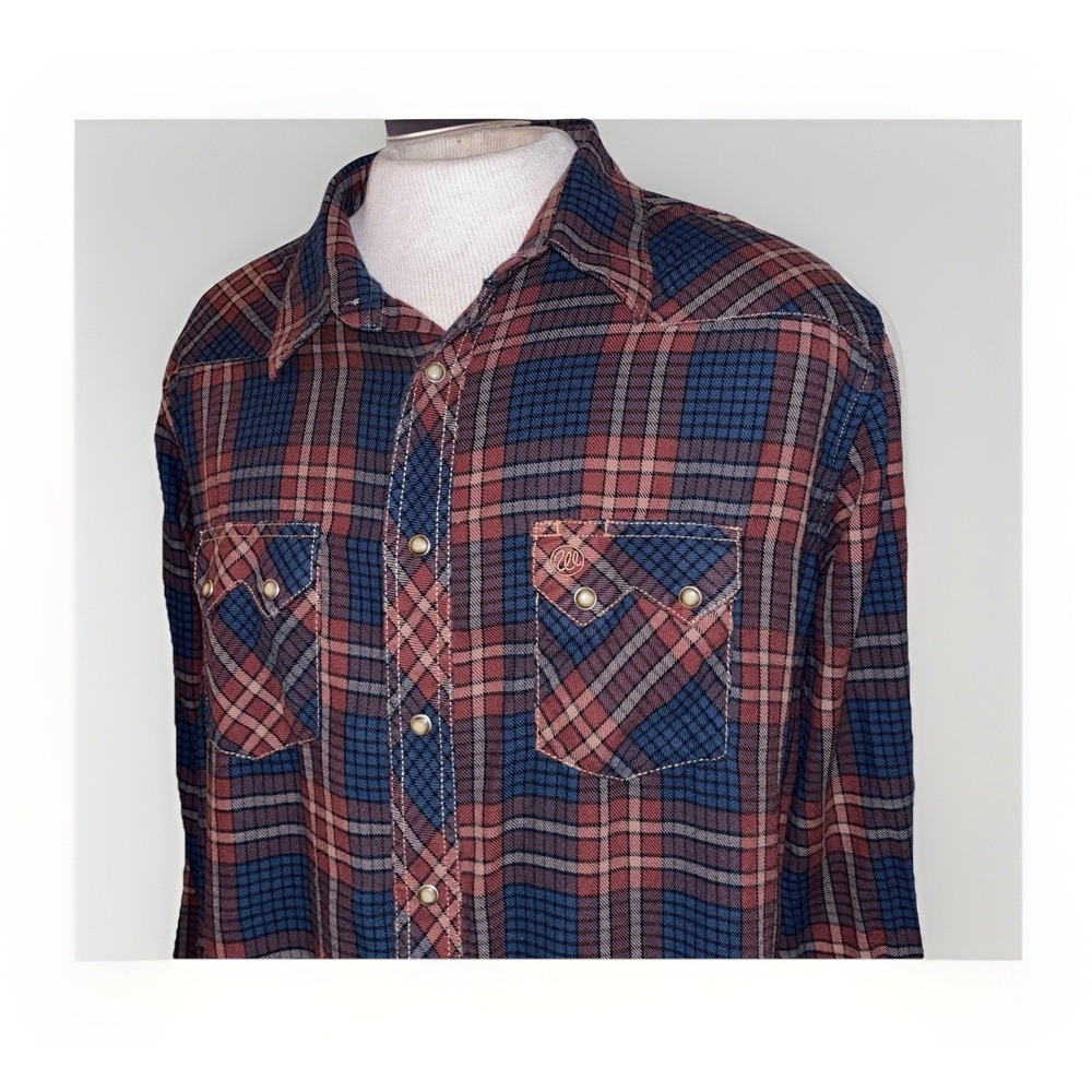 Wrangler Long Sleeve Plaid Flannel Men's XL Navy Rust Pearl Snap American Cowboy